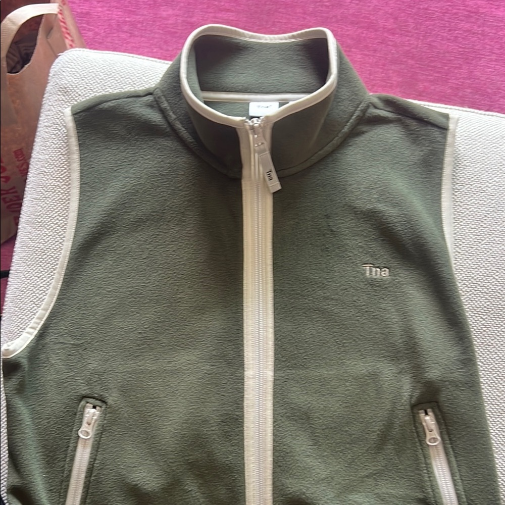 TNA Olive Fleece Vest with Ivory Accents
